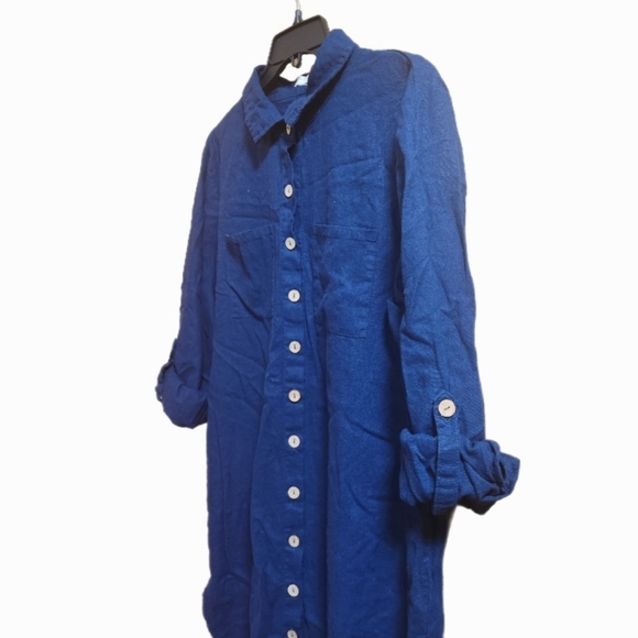 Blue Button-Up Linen Blend Shirt Dress - Picture 4 of 6